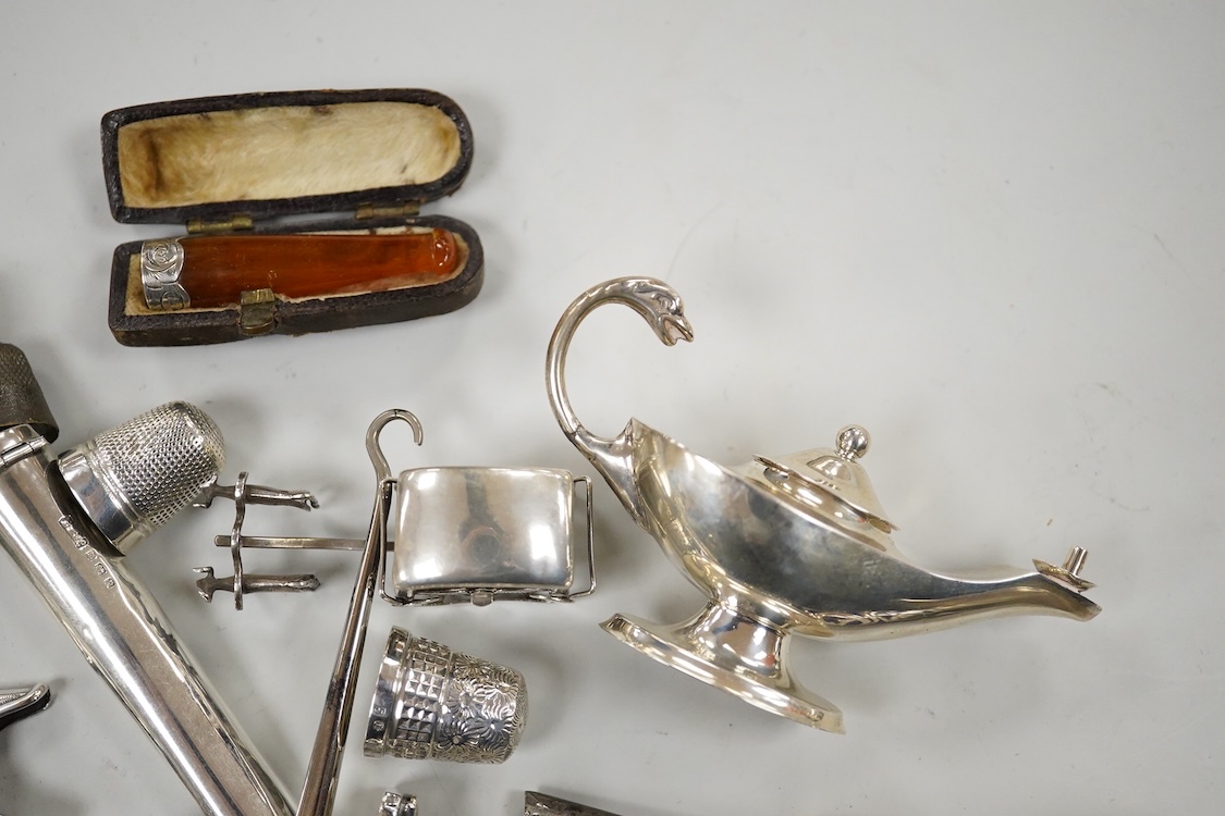 A Victorian silver vinaigrette, Edward Smith, Birmingham, 1848, 27mm, a collection of thimbles including some silver and sundry other items including pencils, child's rattle, button hooks, silver pocket watch, silver Ala